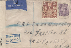 143335 1942 REGISTERED AIRMAIL BOGNOR REGIS, SUSSEX TO HALIFAX, NOVA SCOTIA KGVI 3d (SG490) 2/6 brown (SG476).