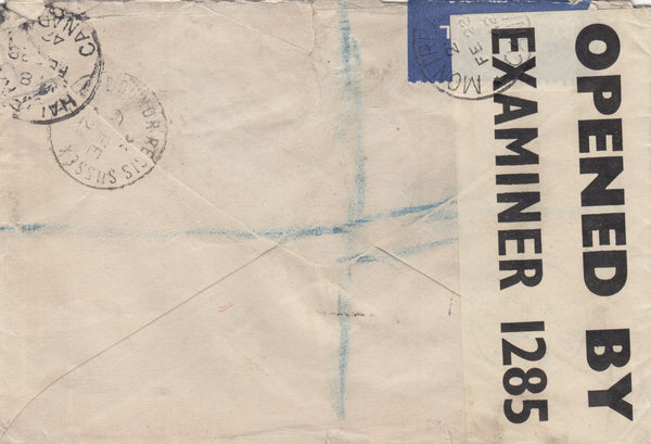 143335 1942 REGISTERED AIRMAIL BOGNOR REGIS, SUSSEX TO HALIFAX, NOVA SCOTIA KGVI 3d (SG490) 2/6 brown (SG476).
