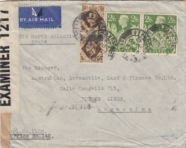 143336 1942 AIRMAIL LEATHERHEAD, SURREY TO BUENOS AIRES, ARGENTINA 1s (SG475) X 2 2/6 YELLOW-GREEN (SG476b) X 2.