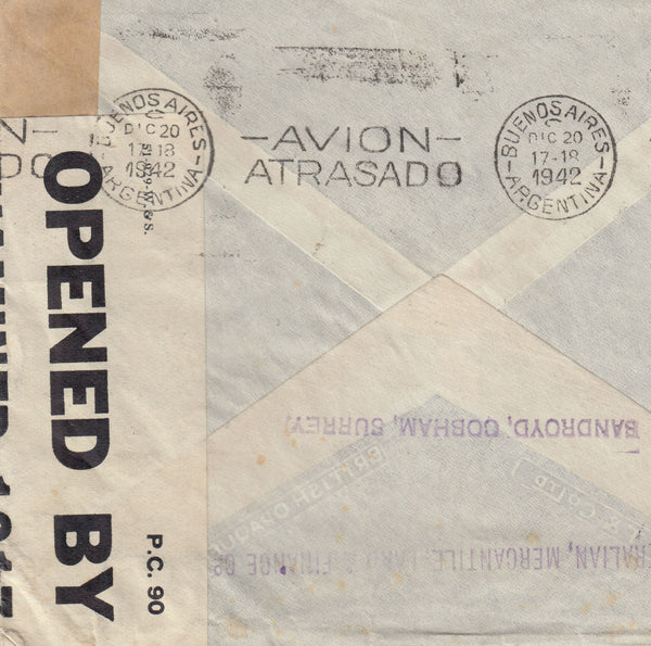 143336 1942 AIRMAIL LEATHERHEAD, SURREY TO BUENOS AIRES, ARGENTINA 1s (SG475) X 2 2/6 YELLOW-GREEN (SG476b) X 2.