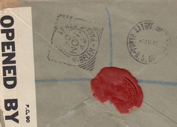 143338 1942 REGISTERED AIRMAIL MANCHESTER TO PORTO ALEGRE, BRAZIL FINE 2/6 YELLOW-GREEN (SG476b), GOOD 10s DARK BLUE (SG478) AND OTHER ISSUES.