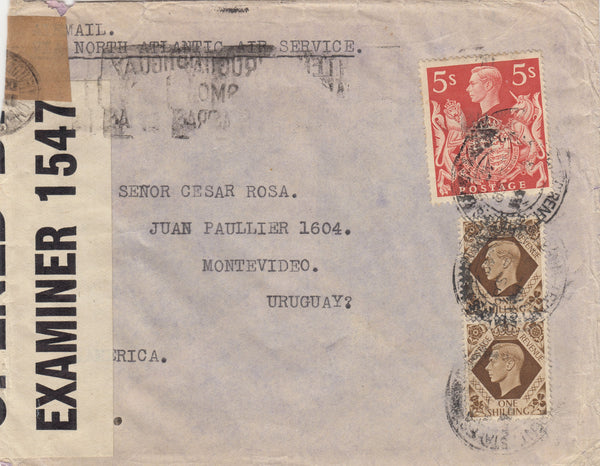 143339 1942 AIRMAIL STOKE ON TRENT, STAFFS TO MONTEVIDEO, URUGUAY KGVI 1s (SG475) x2 and fine 5s red (SG 477).