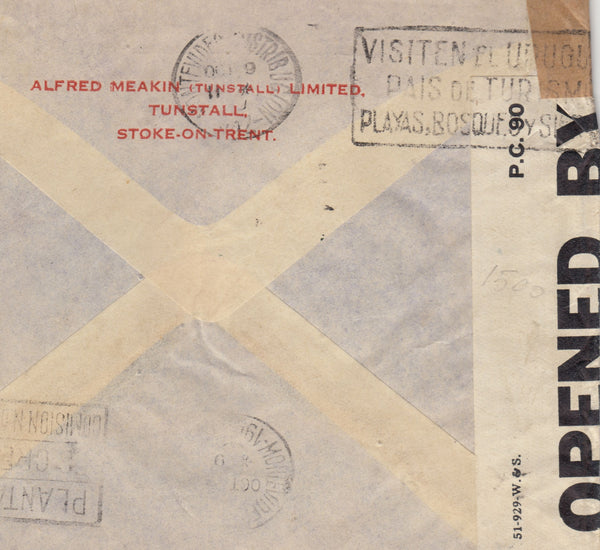 143339 1942 AIRMAIL STOKE ON TRENT, STAFFS TO MONTEVIDEO, URUGUAY KGVI 1s (SG475) x2 and fine 5s red (SG 477).