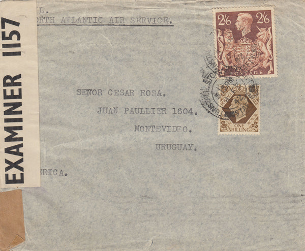 143340 1942 AIRMAIL TUNSTALL, STOKE ON TRENT/STAFFS TO MONTEVIDEO, KGVI 1s (SG475) AND 2/6 BROWN (SG476).