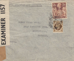 143340 1942 AIRMAIL TUNSTALL, STOKE ON TRENT/STAFFS TO MONTEVIDEO, KGVI 1s (SG475) AND 2/6 BROWN (SG476).