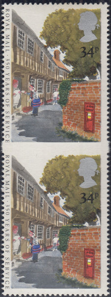 143345 1985 '350 YEARS OF ROYAL MAIL PUBLIC POSTAL SERVICE' 34p 'TOWN LETTER DELIVERY' IMPERFORATE BETWEEN (VERTICAL PAIR) (SG1293a).