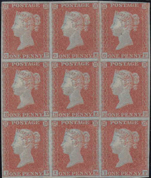 143349 1851 1d PL.119 (SG8) SUPERB UNUSED BLOCK OF NINE.