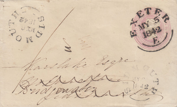 143351 1842 1d PINK ENVELOPE USED EXETER TO SIDMOUTH, RE-DRIECTED TO BRIDGEWATER AND CANCELLED SUPERB STRIKE 'EXETER' DATE STAMP.