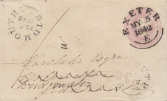 143351 1842 1d PINK ENVELOPE USED EXETER TO SIDMOUTH, RE-DRIECTED TO BRIDGEWATER AND CANCELLED SUPERB STRIKE 'EXETER' DATE STAMP.