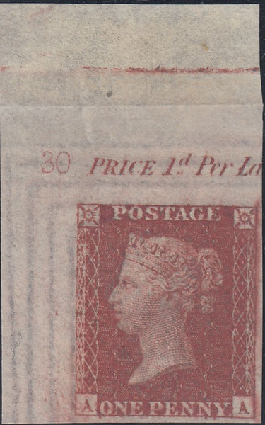 143353 1856 DIE 2 1d PL.30 CORNER MARGINAL IMPERFORATE IMPRIMATUR WITH PLATE NUMBER '30'.