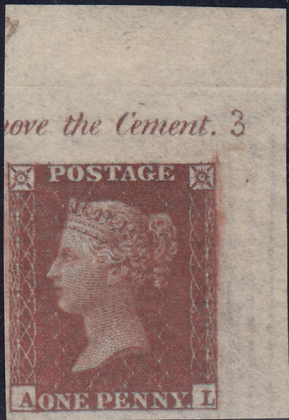 143356 1855 DIE 2 1d  PL.3 CORNER MARGINAL IMPERFORATE IMPRIMATUR WITH PLATE NUMBER 3.