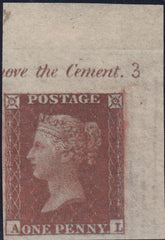 143356 1855 DIE 2 1d  PL.3 CORNER MARGINAL IMPERFORATE IMPRIMATUR WITH PLATE NUMBER 3.