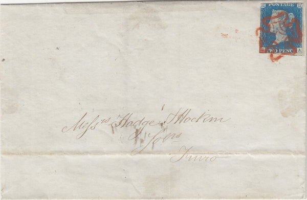 143357 1840 2d BLUE PL.1 (SG5)(JA) USED MAY 22ND 1840 ON WRAPPER LONDON TO TRURO.