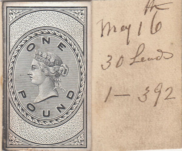 143359 CIRCA 1872 GB REVENUE UNAPPROPRIATED £1 DIE PROOF EX DE LA RUE STRIKING BOOK.