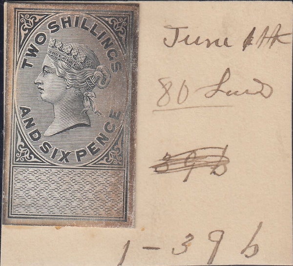 143361 CIRCA 1872 GB REVENUE UNAPPROPRIATED 2/6d DIE PROOF EX DE LA RUE STRIKING BOOK.