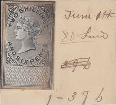 143361 CIRCA 1872 GB REVENUE UNAPPROPRIATED 2/6d DIE PROOF EX DE LA RUE STRIKING BOOK.