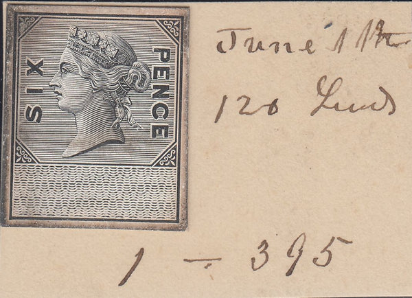 143362 CIRCA 1872 GB REVENUE UNAPPROPRIATED 6d DIE PROOF EX DE LA RUE STRIKING BOOK.