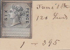 143362 CIRCA 1872 GB REVENUE UNAPPROPRIATED 6d DIE PROOF EX DE LA RUE STRIKING BOOK.