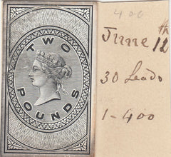 143363 CIRCA 1872 GB REVENUE UNAPPROPRIATED £2 DIE PROOF EX DE LA RUE STRIKING BOOK.