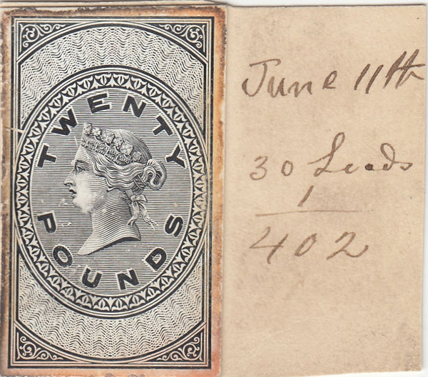 143364 CIRCA 1872 GB REVENUE UNAPPROPRIATED £5 DIE PROOF EX DE LA RUE STRIKING BOOK.