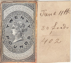 143364 CIRCA 1872 GB REVENUE UNAPPROPRIATED £5 DIE PROOF EX DE LA RUE STRIKING BOOK.