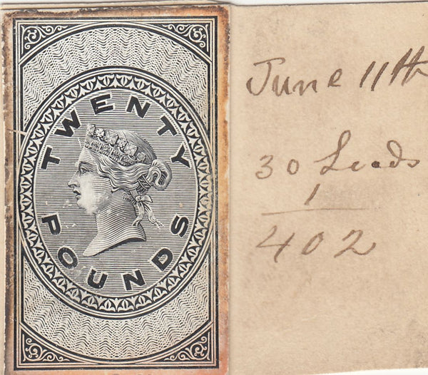 143365 CIRCA 1872 GB REVENUE UNAPPROPRIATED £20 DIE PROOF EX DE LA RUE STRIKING BOOK.