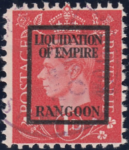 143379 1944 1d GERMAN PROPAGANDA FORGERY 'LIQUIDATION OF EMPIRE/RANGOON' OVERPRINT FINE 'USED'.