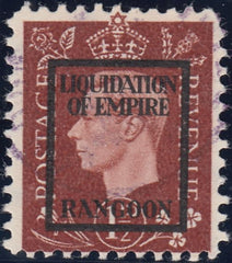 143380 1944 1½d GERMAN PROPAGANDA FORGERY ' LIQUIDATION OF EMPIRE/RANGOON' OVERPRINT, GOOD 'USED'.