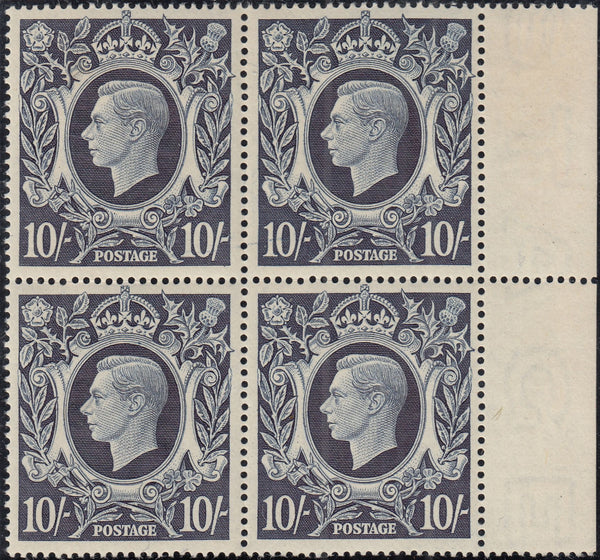 143389 1939 10s DARK BLUE (SG478) SUPERB UNMOUNTED O.G. RIGHT MARGINAL BLOCK OF FOUR IN THE THIRD STATE WITH RE-ENTRIES.