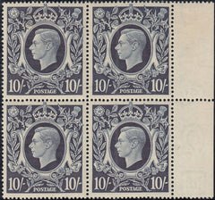 143389 1939 10s DARK BLUE (SG478) SUPERB UNMOUNTED O.G. RIGHT MARGINAL BLOCK OF FOUR IN THE THIRD STATE WITH RE-ENTRIES.
