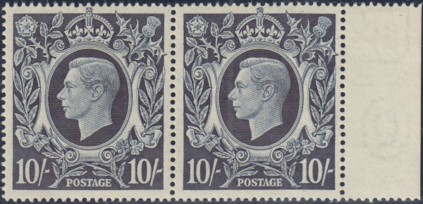 143391 1939 10/- DARK BLUE (SG478) UNMOUNTED RIGHT MARGINAL HORIZONTAL PAIR 'RE-TOUCH TO LOWER LIP' (SPEC Q32e) AND 'MAJOR RE-ENTRY'.