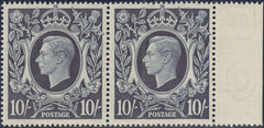 143391 1939 10/- DARK BLUE (SG478) UNMOUNTED RIGHT MARGINAL HORIZONTAL PAIR 'RE-TOUCH TO LOWER LIP' (SPEC Q32e) AND 'MAJOR RE-ENTRY'.