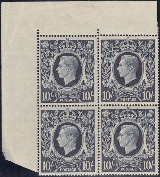 143392 1939 10/- DARK BLUE (SG478) UNMOUNTED O.G. CORNER BLOCK OF FOUR.