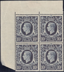 143392 1939 10/- DARK BLUE (SG478) UNMOUNTED O.G. CORNER BLOCK OF FOUR.