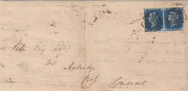 143397 1841 MAIL CHEAPSIDE, LONDON TO AXBRIDGE, CROSS, SOMERSET FINE PAIR 1840 2d BLUE PL.2 (SG5).