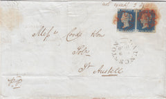 143398 1840 MAIL LAUNCESTON TO ST. AUSTELL PAIR 2d BLUE PL.1 (SG5).