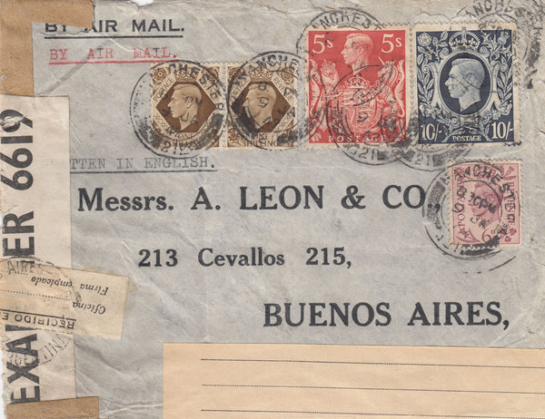 143399 1942 AIRMAIL MANCHESTER TO BUENOS AIRES, ARGENTINE KGVI 5s RED (SG477), 10/- DARK BLUE (SG478) 6d, AND 1s X2.