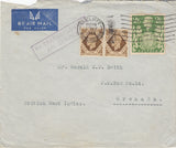 143400 1944 AIRMAIL RADCLIFFE, MANCHESTER TO GRENADA, BRITISH WEST INDIES KGVI 2/6 YELLOW-GREEN (SG476b) 1s x 2.