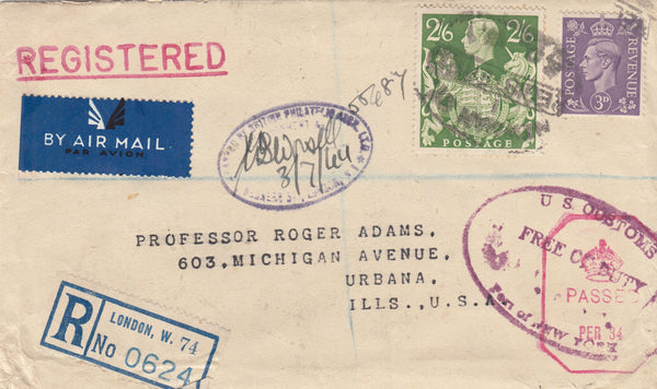 143402 1944 REGISTERED AIRMAIL LONDON TO U.S.A. KVI 2/6 YELLOW-GREEN (SG476b) AND 3d.