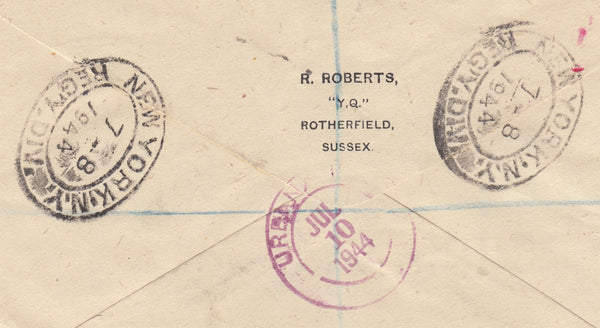 143402 1944 REGISTERED AIRMAIL LONDON TO U.S.A. KVI 2/6 YELLOW-GREEN (SG476b) AND 3d.