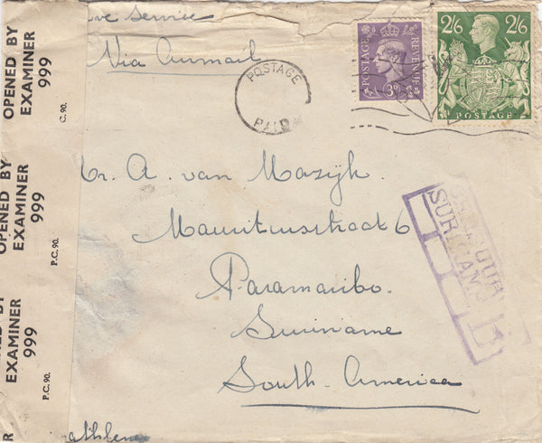 143403 1945 AIRMAIL TO PARAMARIBO, SURINAME, SOUTH AMERICA KGVI 2/6 YELLOW-GREEN (SH476b) AND 3d.