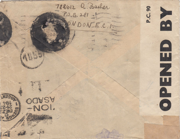 143405 1944 AIRMAIL LONDON TO BUENOS AIRES, ARGENTINA KGVI 2/6 YELLOW-GREEN (SG476b) AND 1s, CANCELLATION OBLITERED FOR SECURITY REASONS.