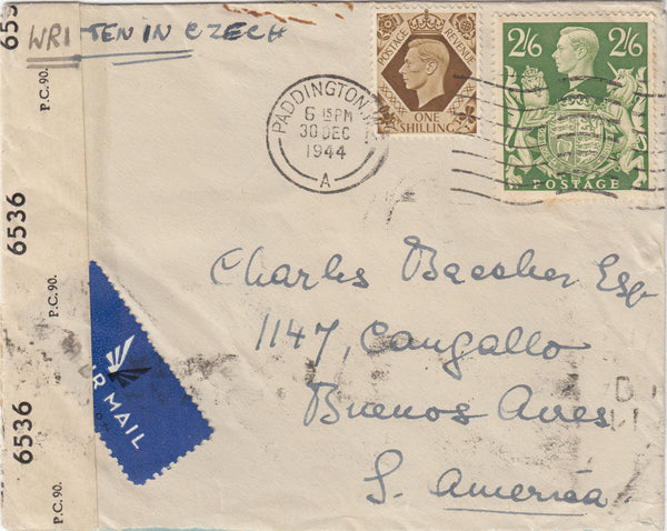 143406 1944 AIRMAIL PADDINGTON, LONDON TO BUENOS AIRES, ARGENTINA KGVI 2/6 YELLOW-GREEN (SG 476b) AND 1s.