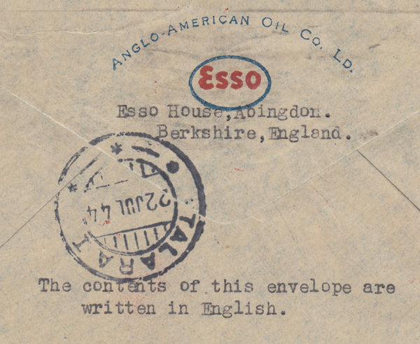 143407 1944 AIRMAIL ABINGDON, BERKS TO TALARA, PERU, SOUTH AMERICA KGVI 2/6 YELLOW-GREEN (SG476b) AND 3d WITH PERFINS.