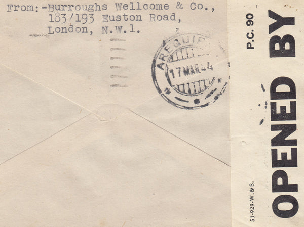 143408 1944 AIRMAIL LONDON TO AREQUIPA, PERU KGVI 2/6 YELLOW-GREEN (SG476b) AND 1s WITH PERFINS.