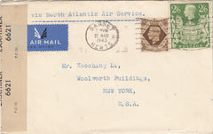 143412 1943 AIRMAIL BARNET, HERTS TO NEW YORK, U.S.A. KGVI 2/6 YELLOW-GREEN (SG476b) AND 1s.