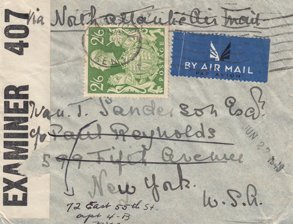 143413 1943 AIRMAIL MAIDSTONE, KENT TO U.S.A. KGVI 2/6 YELLOW-GREEN (SG476b).