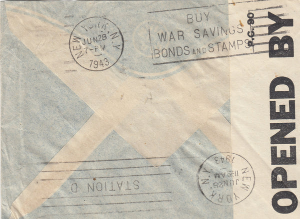 143413 1943 AIRMAIL MAIDSTONE, KENT TO U.S.A. KGVI 2/6 YELLOW-GREEN (SG476b).
