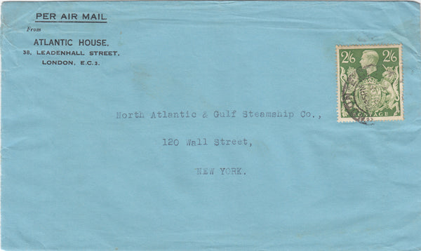 143414 1943? AIRMAIL LONDON TO NEW YORK KGVI 2/6 YELLOW-GREEN (SG476b).