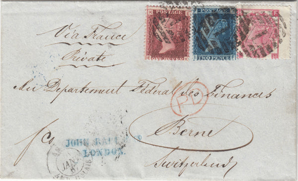 143418 1867 THREE COLOUR COMBINATION LONDON TO BERNE, SWITZERLAND 1d (SG43), 2d (SG45) AND 3d (SG92).